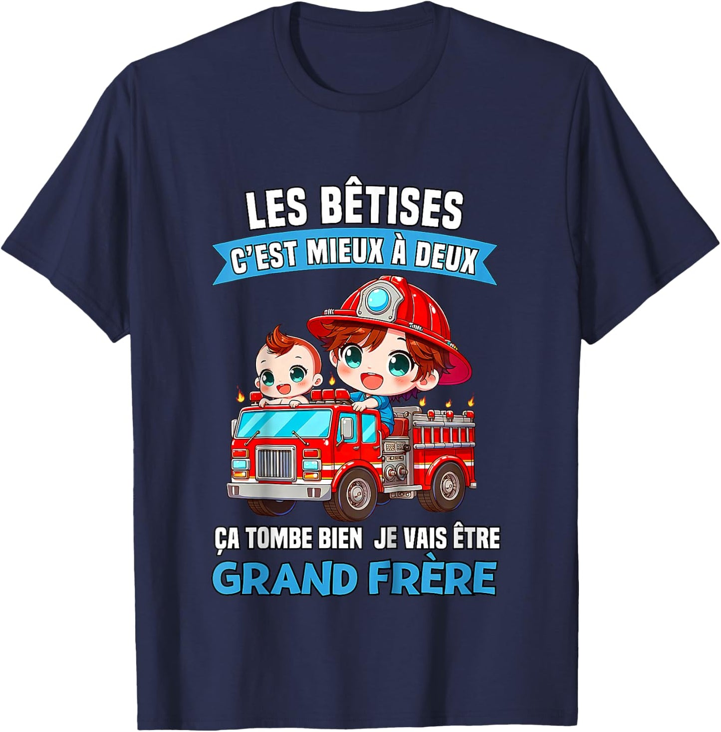 Child Les Betises C'est mieux A Deux Ca Tombe Bien Grand Brother , Black, 2 T-Shirt - T-Shirt | Navy