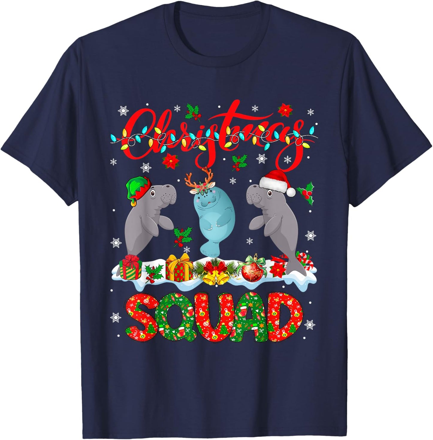 Christmas Squad Three Santa Reindeer Elf Manatees Xmas T-Shirt - T-Shirt | Navy