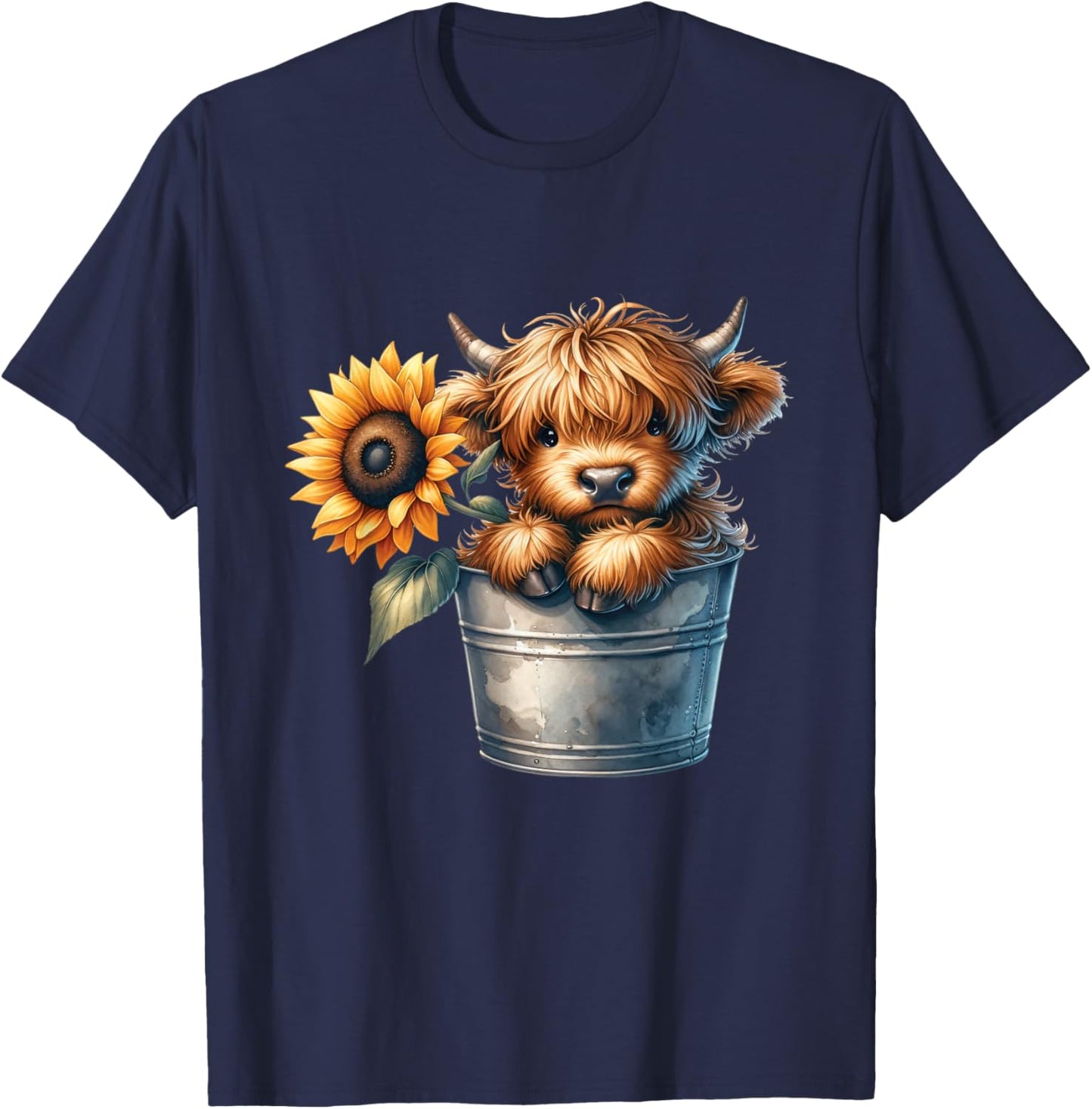 Highland Cow in Bucket, Sunflower Pattern, Floral , Black, S T-Shirt - T-Shirt | Navy