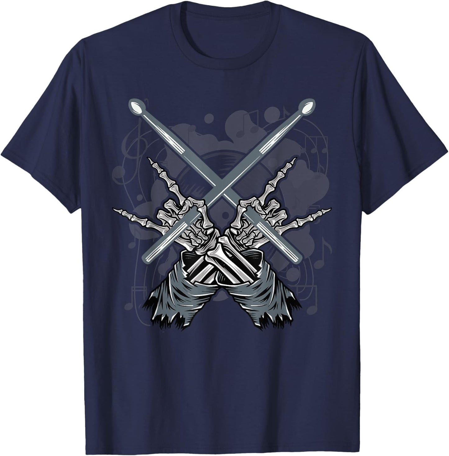 Drummer Drum Sticks Rock & Roll Skeleton Hand Horns T-Shirt - T-Shirt | Navy