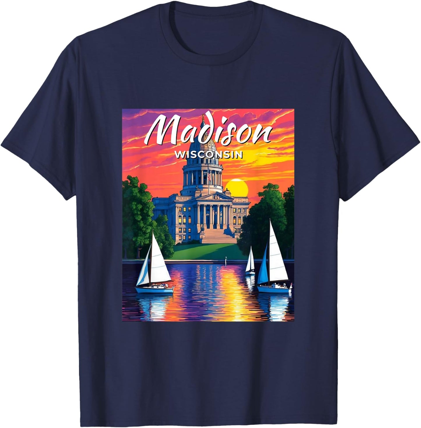 Madison Skyline Wisconsin State Capitol Sailboats Vintage T-Shirt - T-Shirt | Navy