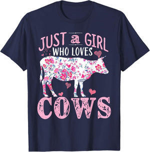 Just a Girl who Loves Cows Gift Farmer Girl Barn Cow T-Shirt - T-Shirt | Navy