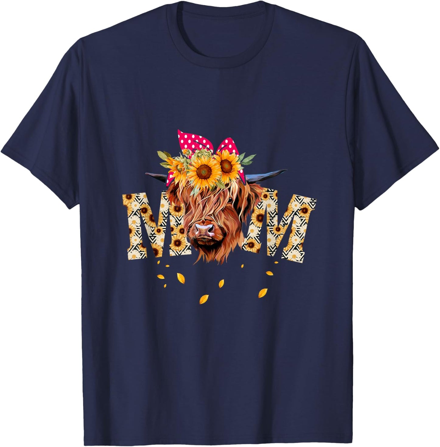 Vintage Sunflower Highland Cow Mom Heifer Mom Messy Bun Mom T-Shirt - T-Shirt | Navy