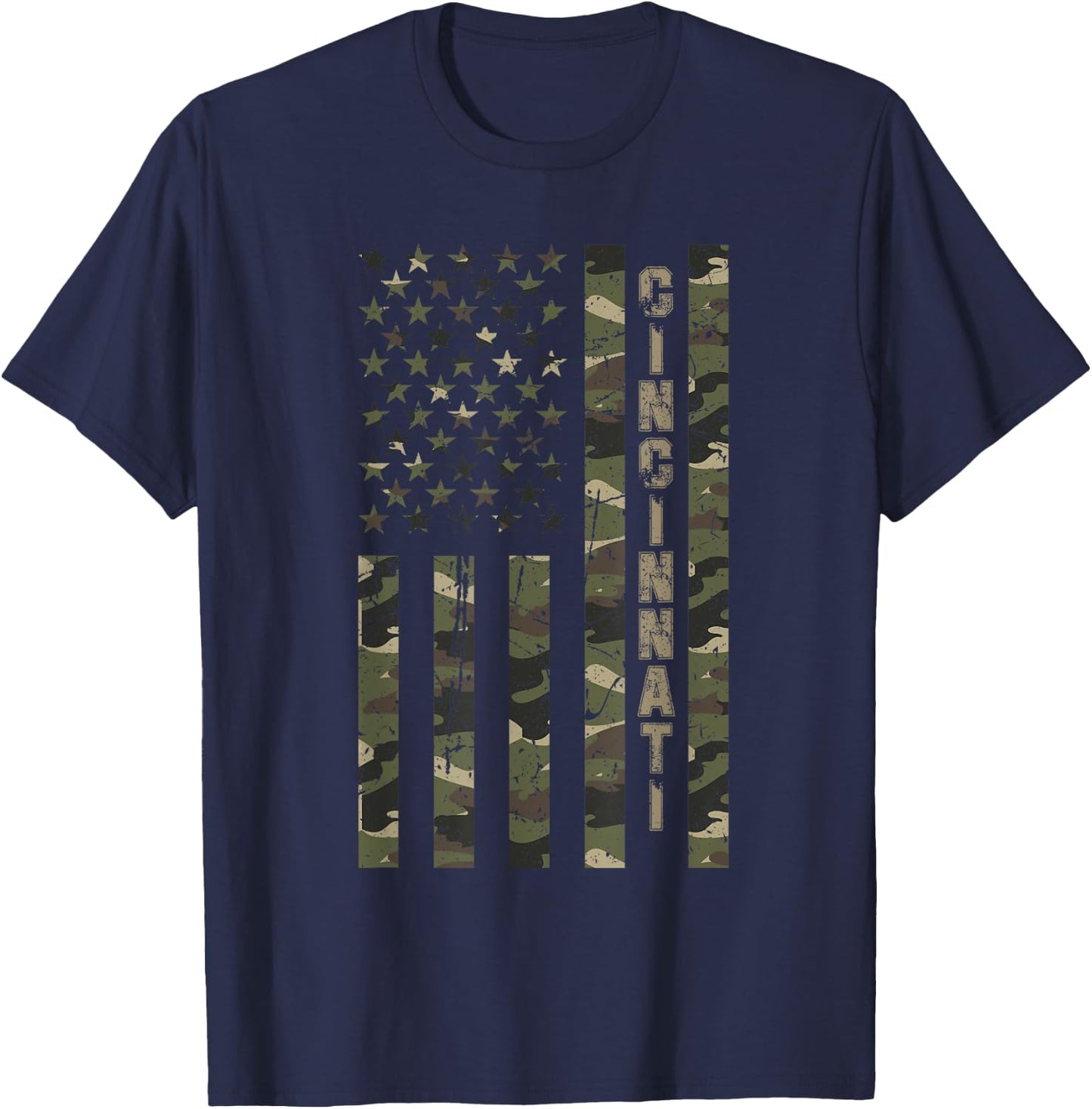 Cincinnati United States Distressed Camo w US Flag T-Shirt - T-Shirt | Navy