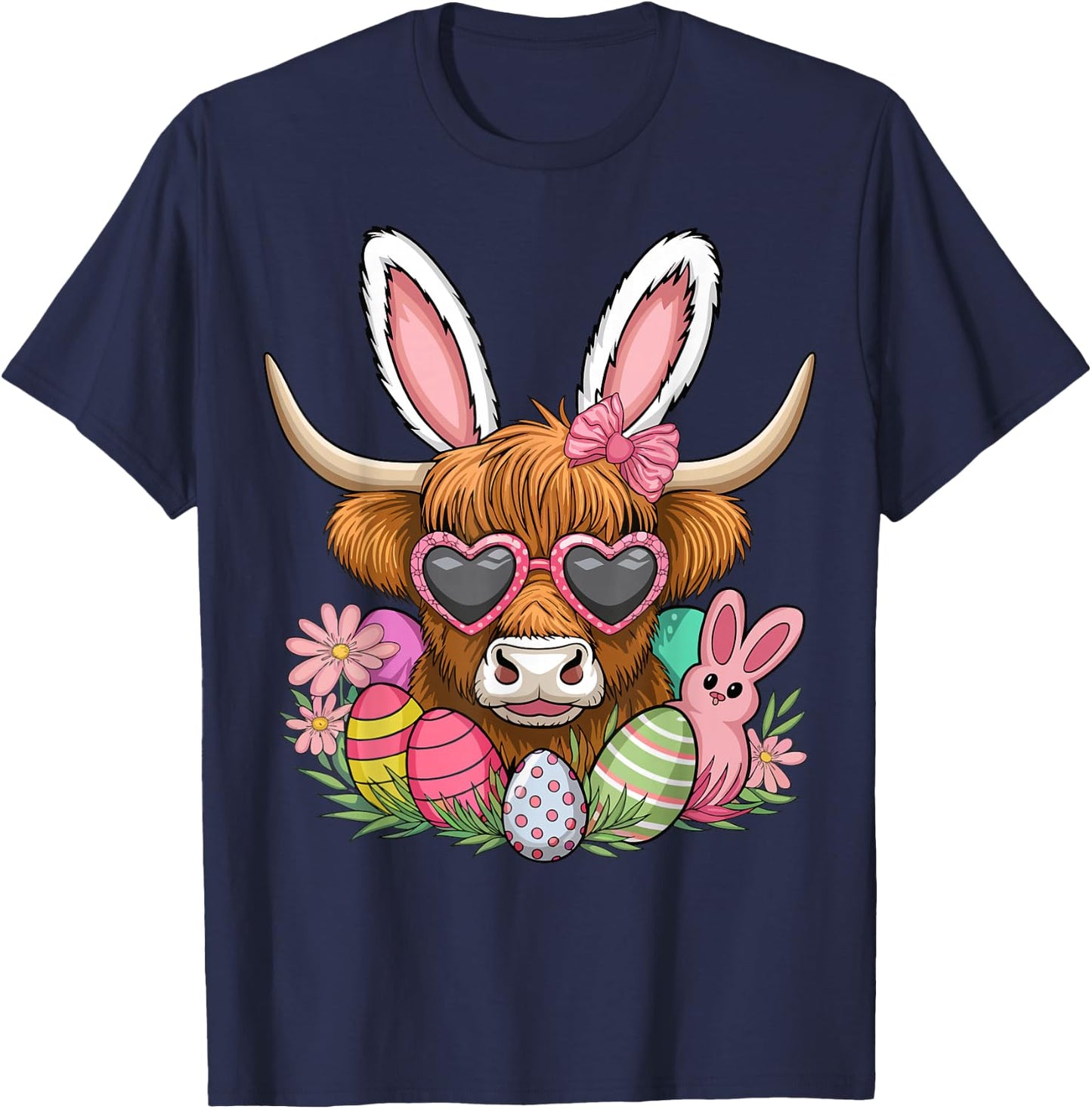 Easter Bunny Highland Cow Farmer Women Girls Easter Day T-Shirt - T-Shirt | Navy