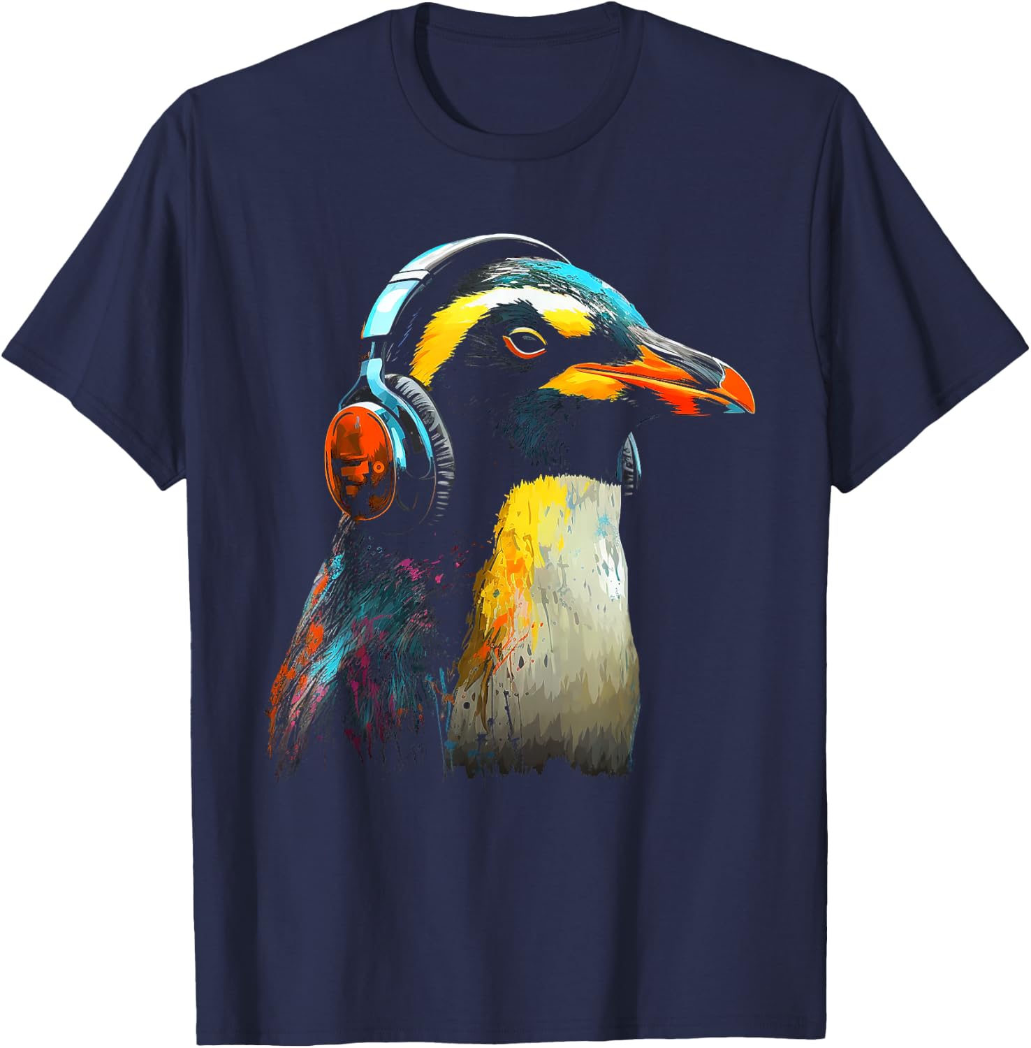 Penguin Headphones Artwork | Music Animal Motif Penguin T-Shirt - T-Shirt | Navy