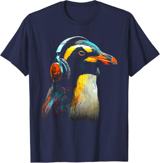 Penguin Headphones Artwork | Music Animal Motif Penguin T-Shirt - T-Shirt | Navy