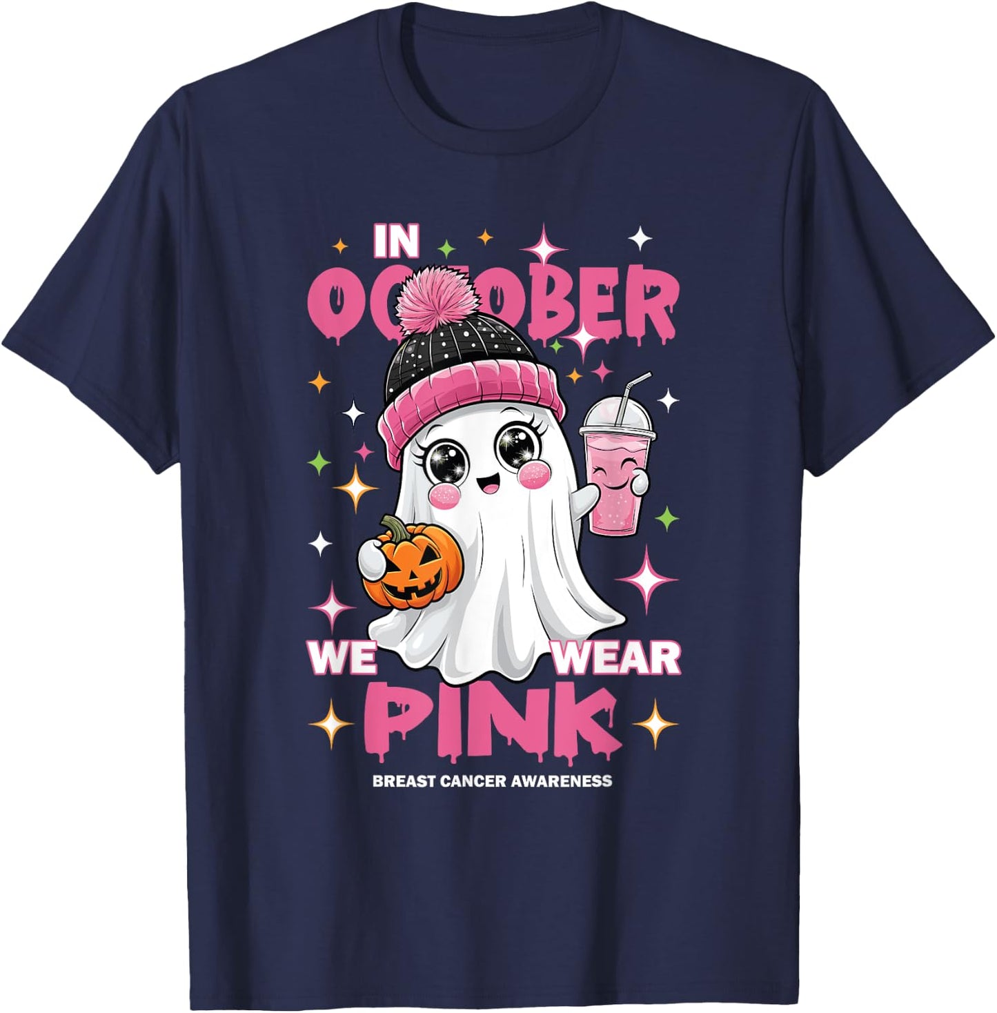 Pink October Halloween Ghost Breast Cancer Awareness T-Shirt - T-Shirt | Navy