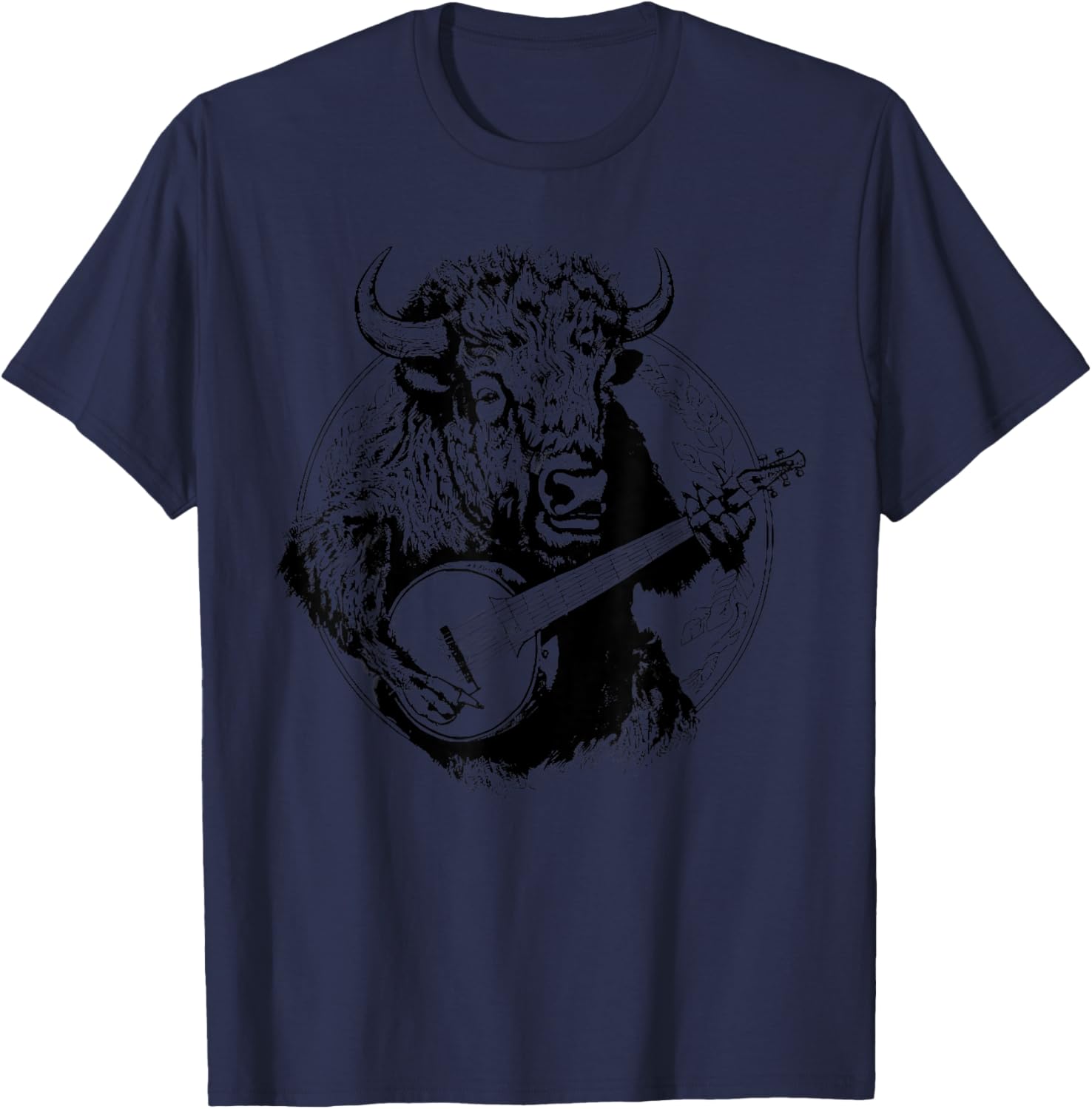 Buffalo Retro Bison Animal Playing Banjo Music Graphic T-Shirt - T-Shirt | Navy