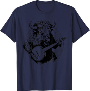 Buffalo Retro Bison Animal Playing Banjo Music Graphic T-Shirt - T-Shirt | Navy