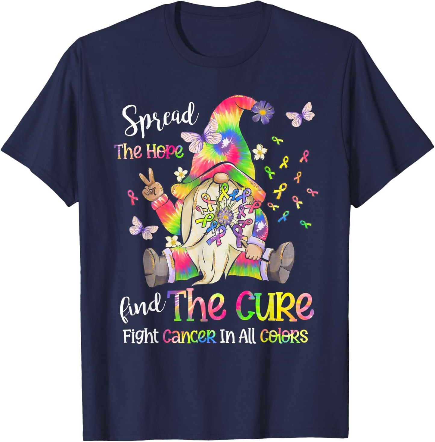 Fight Cancer In All Color Gnome Fight Cancer Ribbons T-Shirt - T-Shirt | Navy