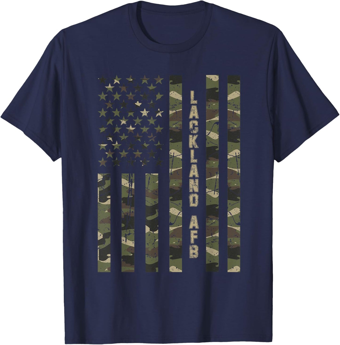 Lackland AFB United States Distressed Camo w US Flag T-Shirt - T-Shirt | Navy