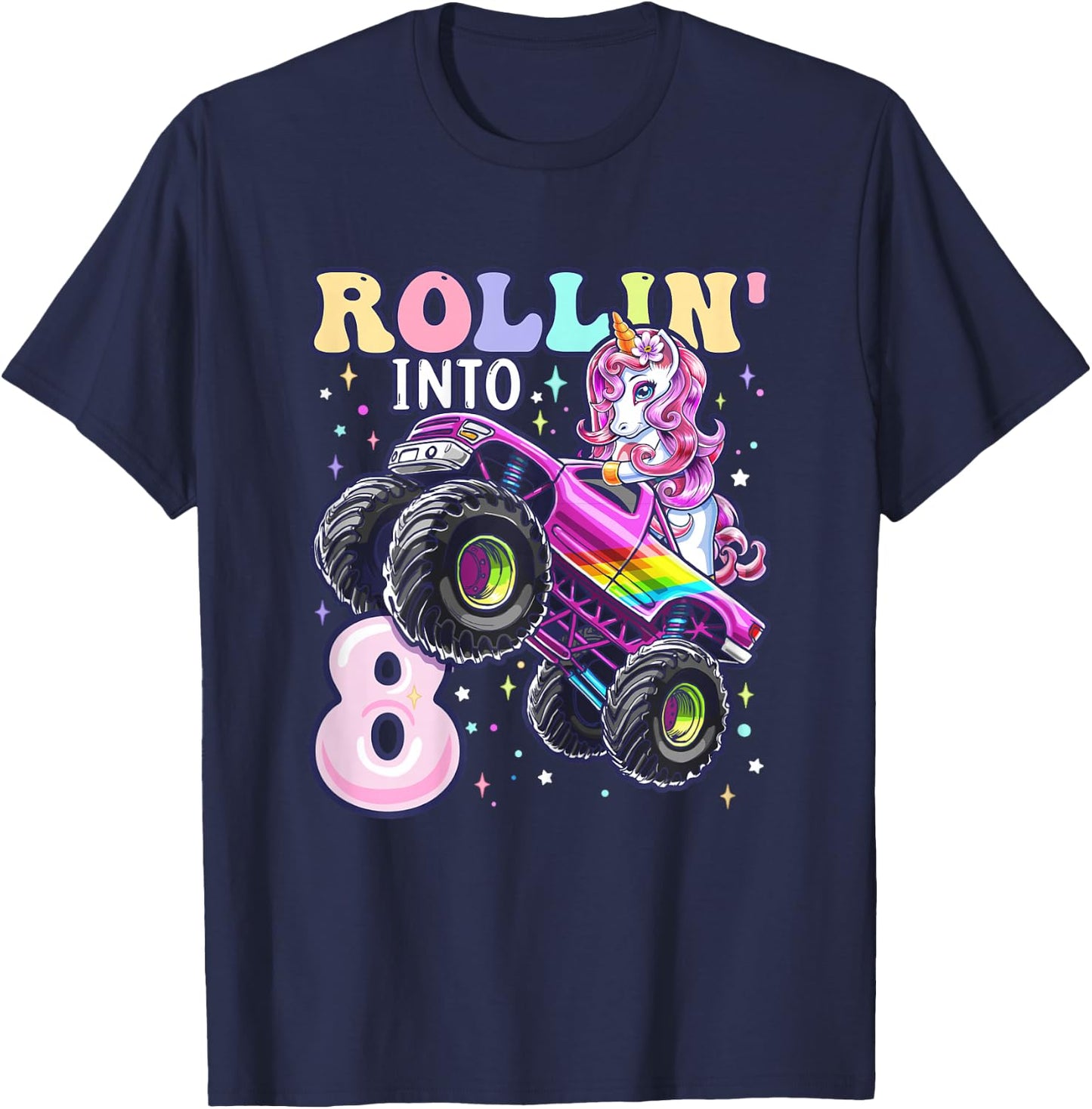 Unicorn Monster Truck 8th Birthday 8 Year Old Girls Party T-Shirt - T-Shirt | Navy