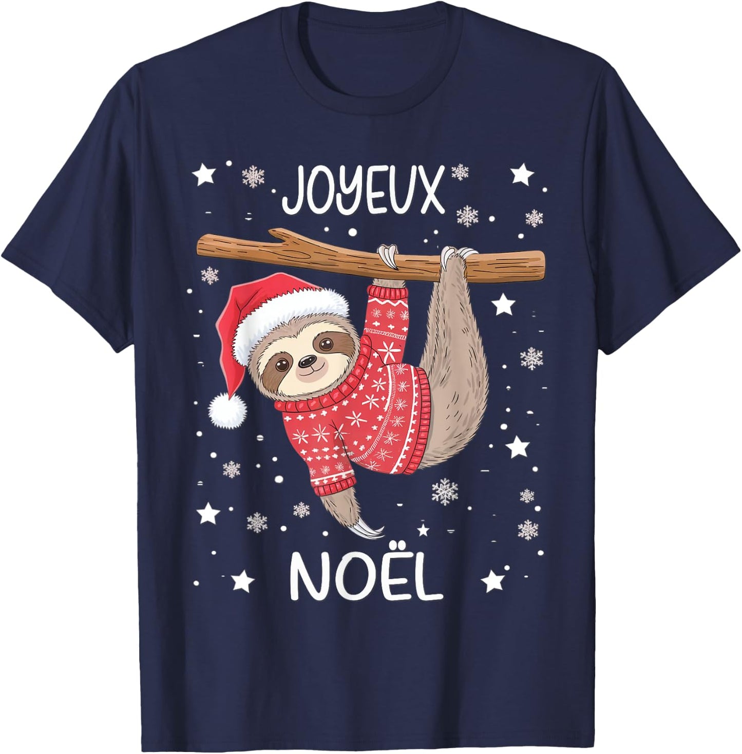 Joyeux Noël French Sloth Hanging Merry Christmas T-Shirt - T-Shirt | Navy