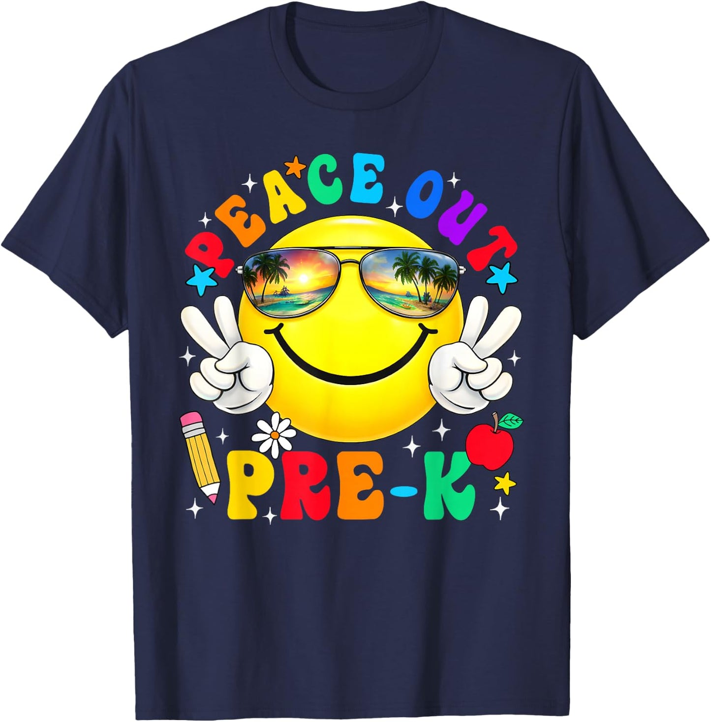 Peace Out Pre-K Last Day of School Groovy Smile Face T-Shirt - T-Shirt | Navy