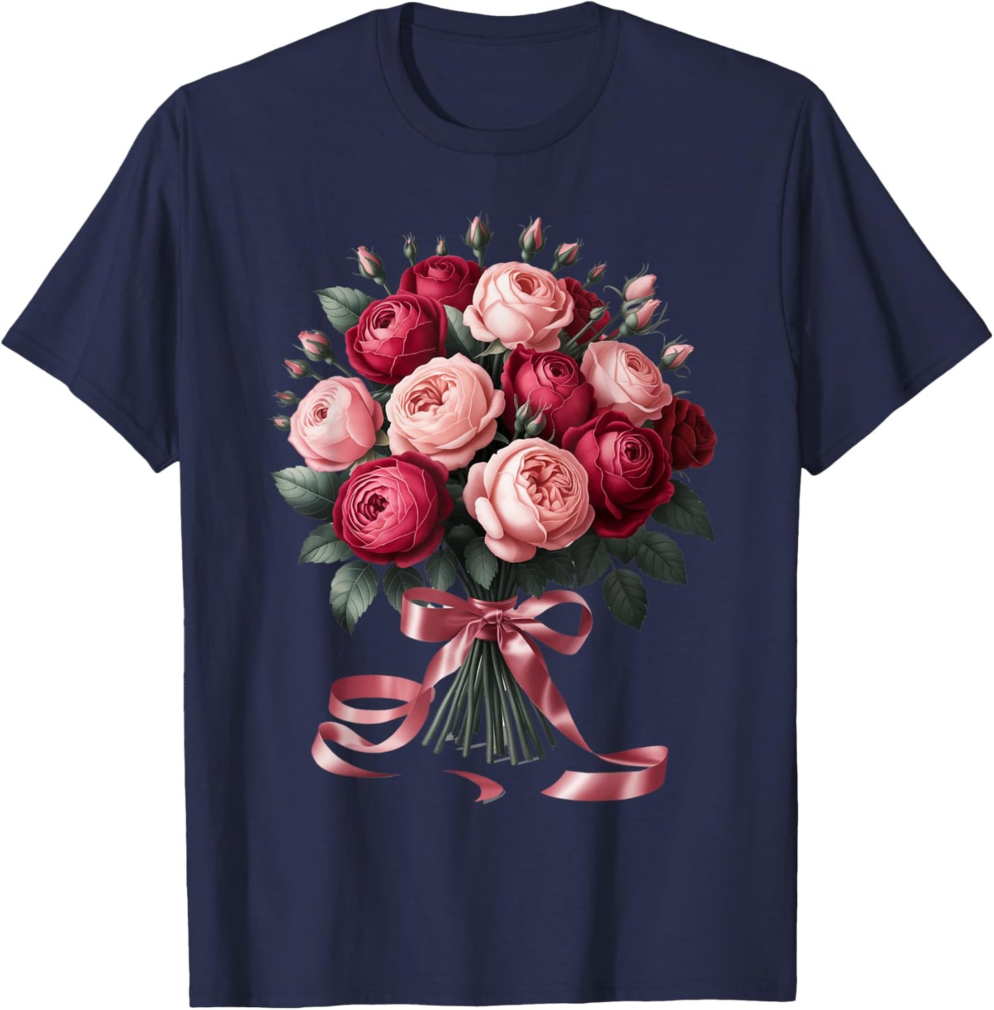 Blushing Rose Bouquet with Delicate Pink Ribbon T-Shirt - T-Shirt | Navy