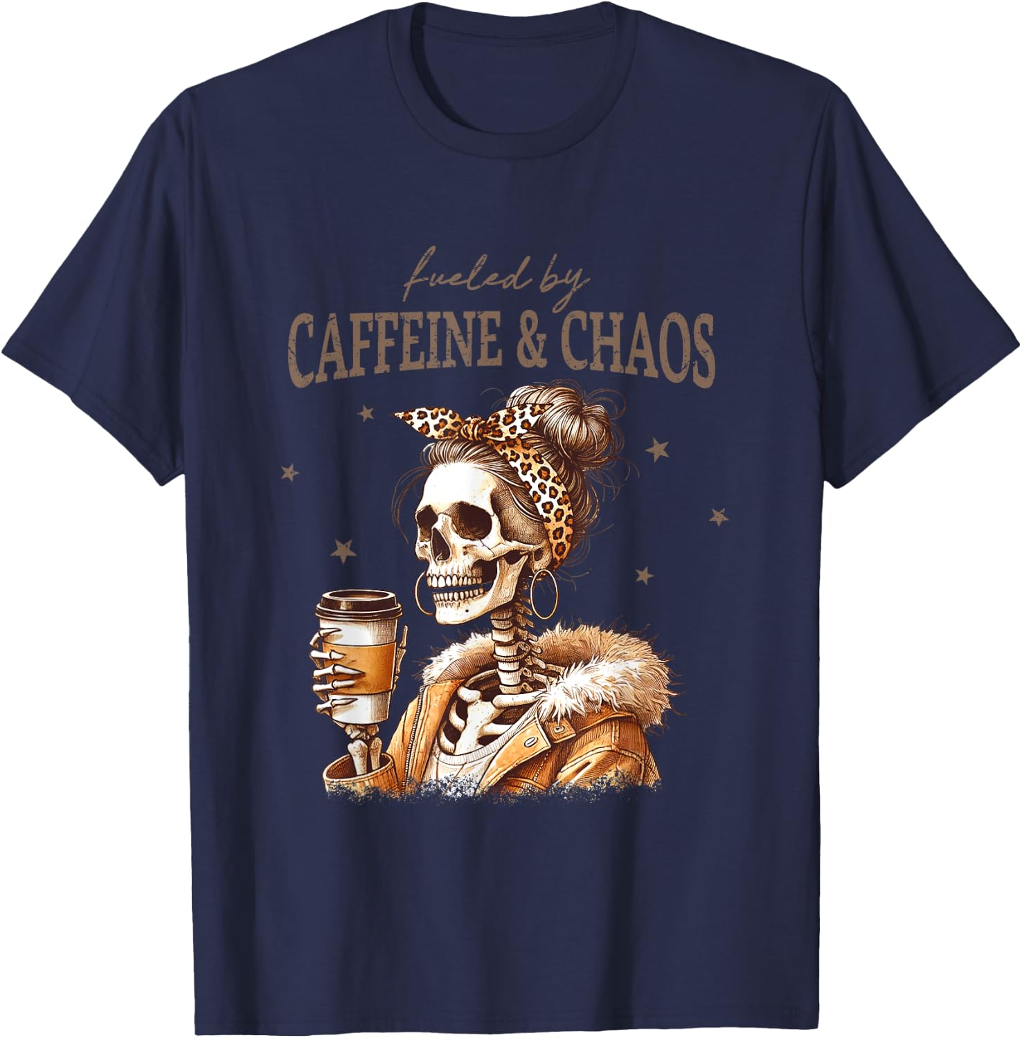 Fueled By Caffeine And Chaos Skeleton Art T-Shirt - T-Shirt | Navy