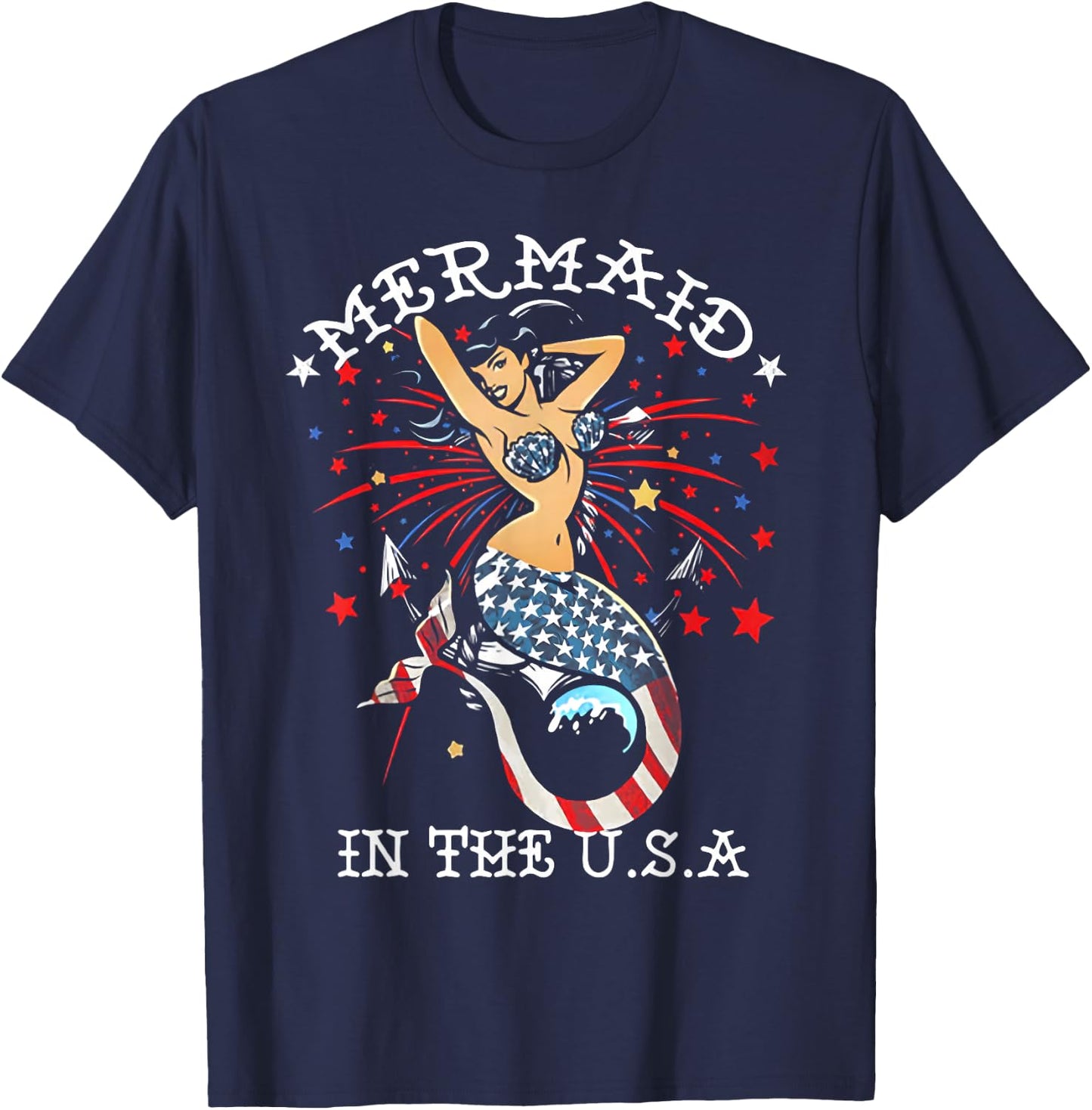 The Mermaid In The USA 4th Of July T-Shirt - T-Shirt | Navy