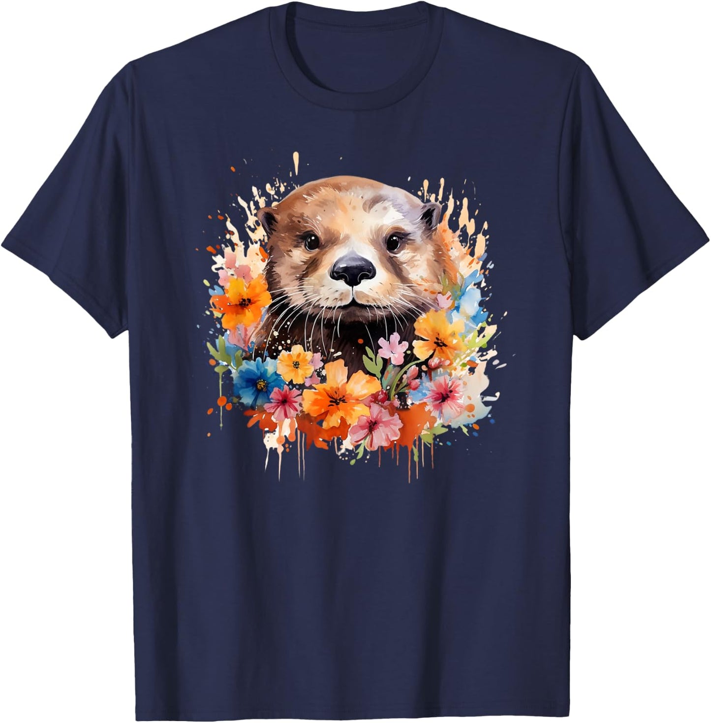 Floral Otter Face Watercolor Painting Sea Otter Portrait T-Shirt - T-Shirt | Navy