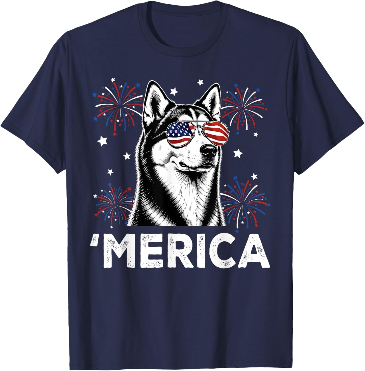 Siberian Husky Dog 'Merica Patriotic 4th of July USA Flag T-Shirt - T-Shirt | Navy