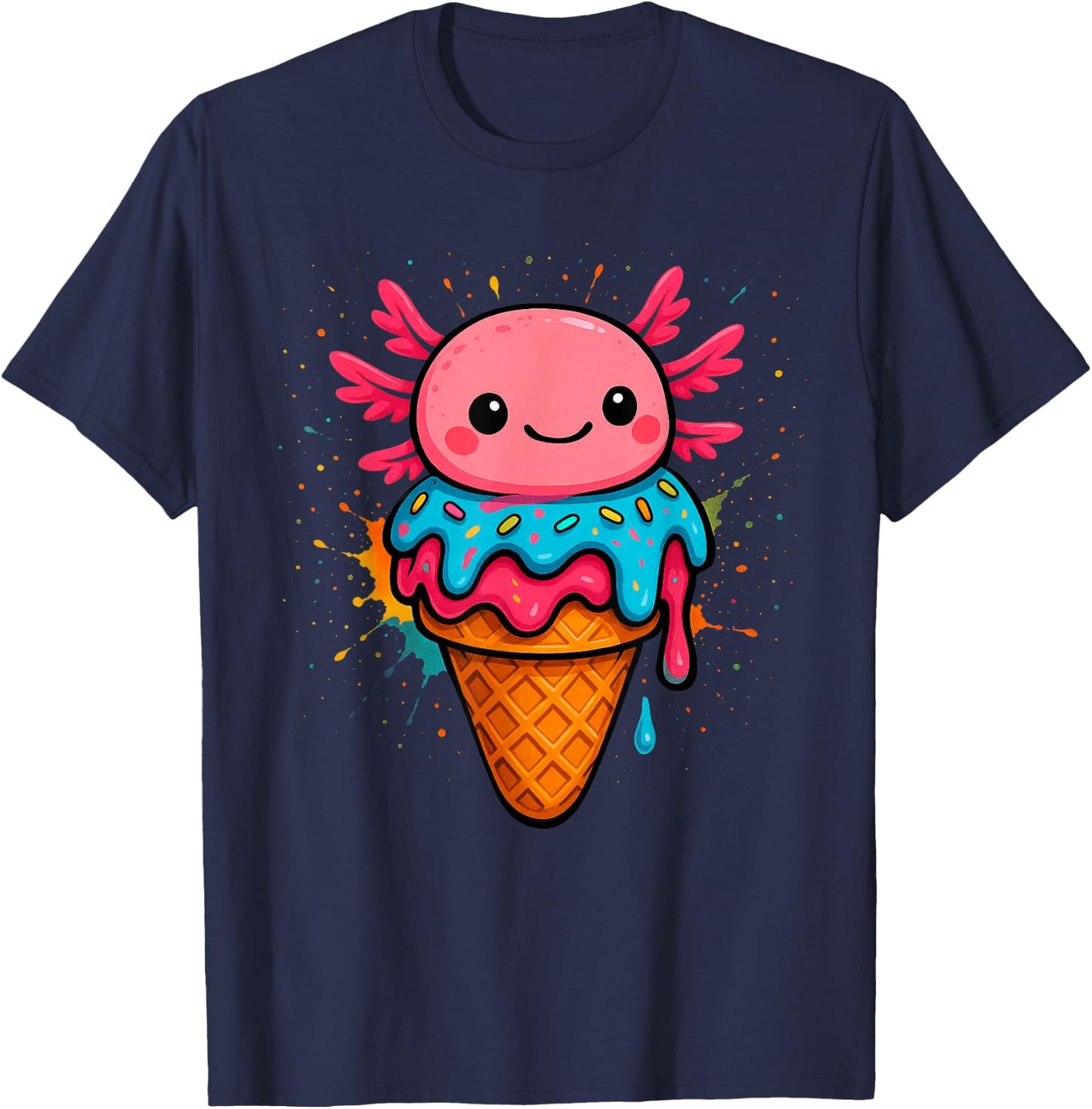 Axolotl Drip Ice Cream Cute Dripping T-Shirt - T-Shirt | Navy