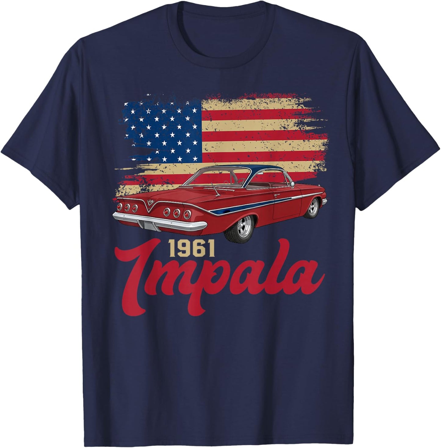 1961 61 Impala Old School Muscle Car American Flag T-Shirt - T-Shirt | Navy