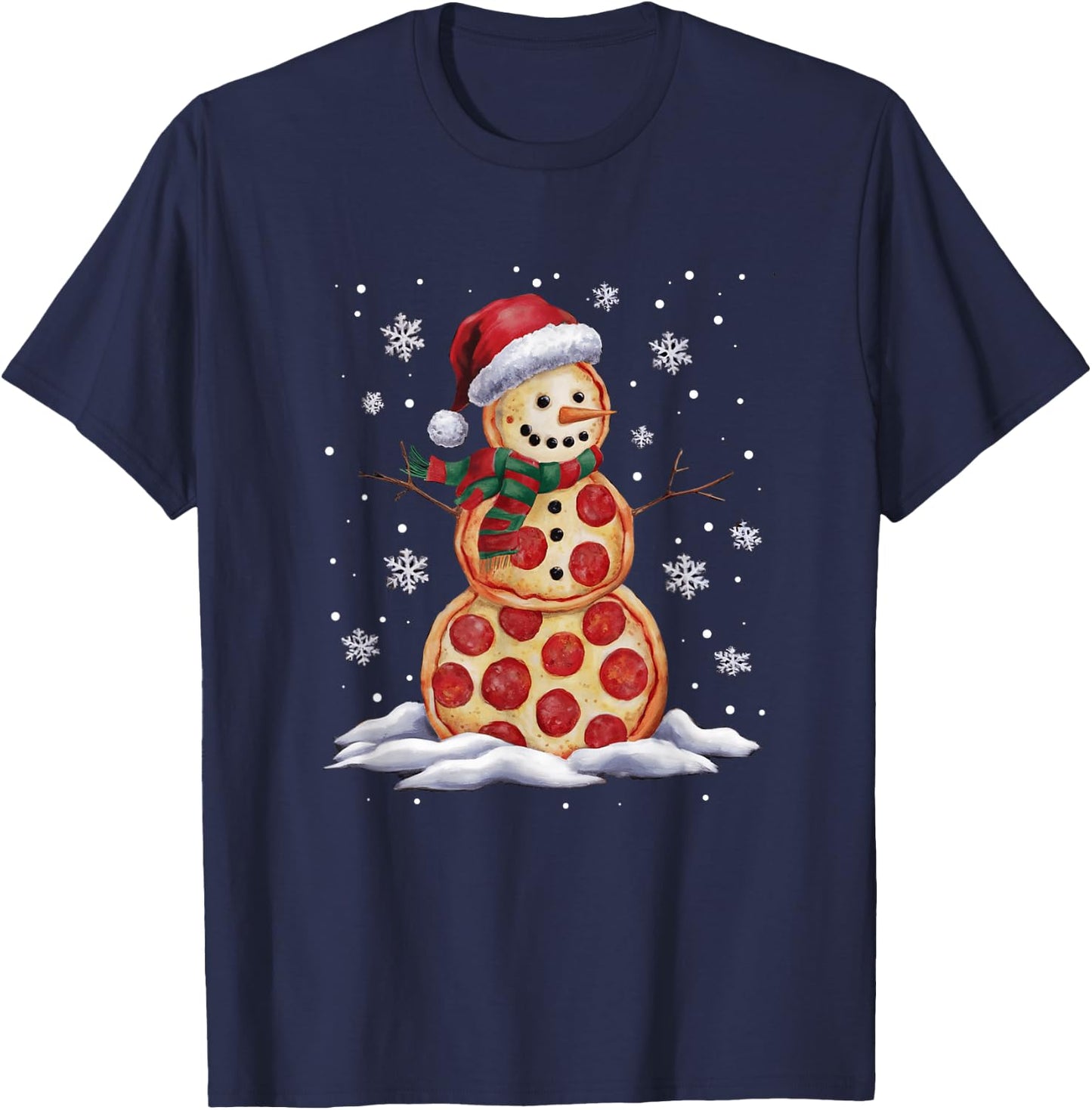 Pizza Snowman Santa Hat Christmas Pizza Party Funny Xmas T-Shirt - T-Shirt | Navy