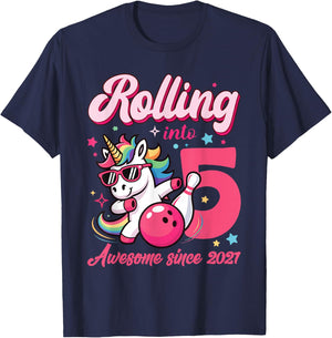 Rolling Into 5 Awesome Since 2021 Unicorn Bowling T-Shirt - T-Shirt | Navy