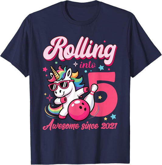 Rolling Into 5 Awesome Since 2021 Unicorn Bowling T-Shirt - T-Shirt | Navy