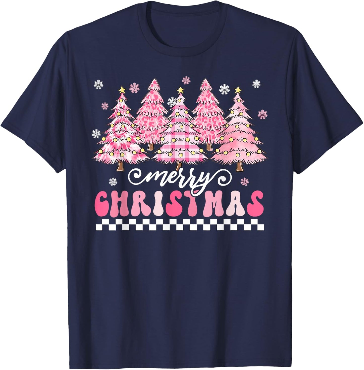 Cute Merry Pink Christmas Tree Xmas Trees Lights Women Girls T-Shirt - T-Shirt | Navy