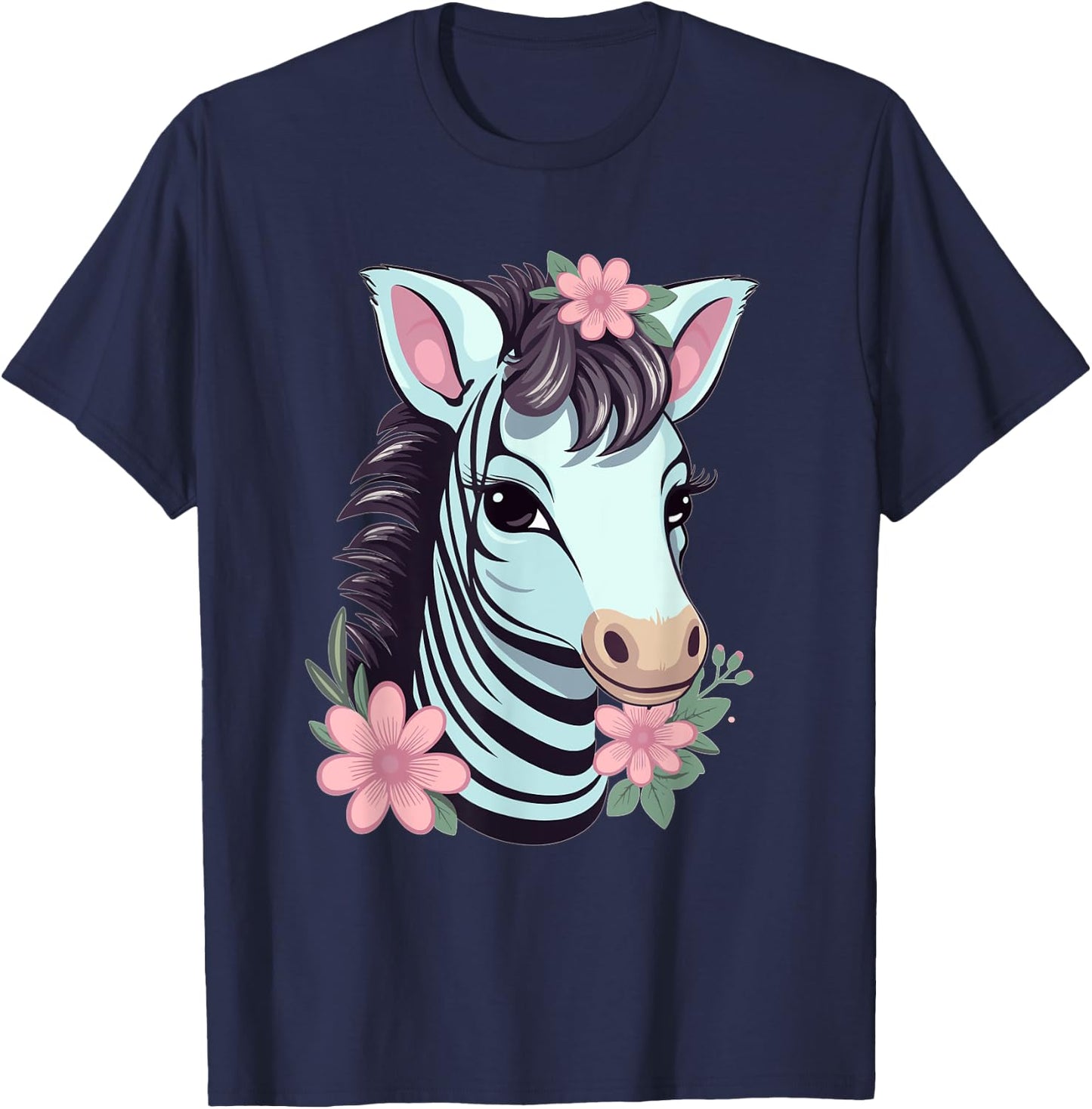 Cute Zebra With Flowers I Kids Zebra T-Shirt - T-Shirt | Navy