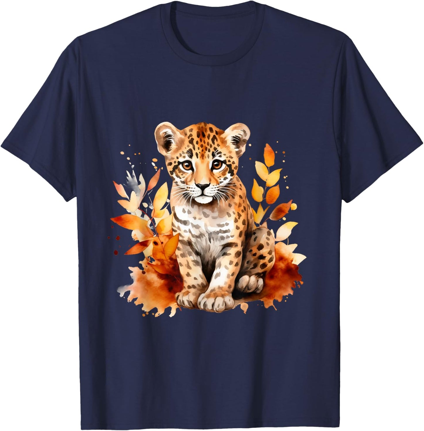 Cheetah Cub Spot Cat Autumn Baby Leopard Safari Watercolor T-Shirt - T-Shirt | Navy
