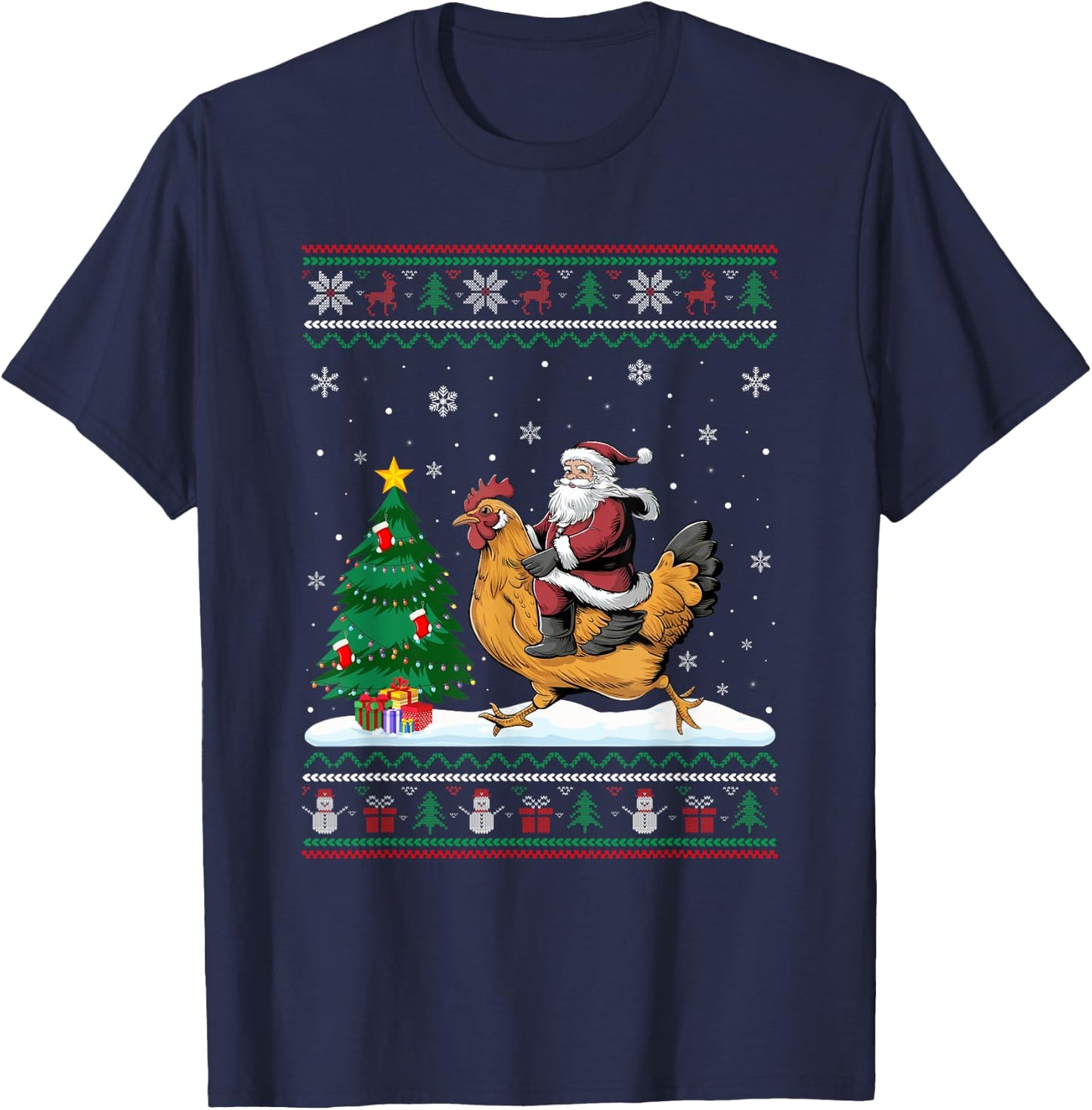 Ugly Christmas Tree Lights Xmas Santa Riding Chicken T-Shirt - T-Shirt | Navy