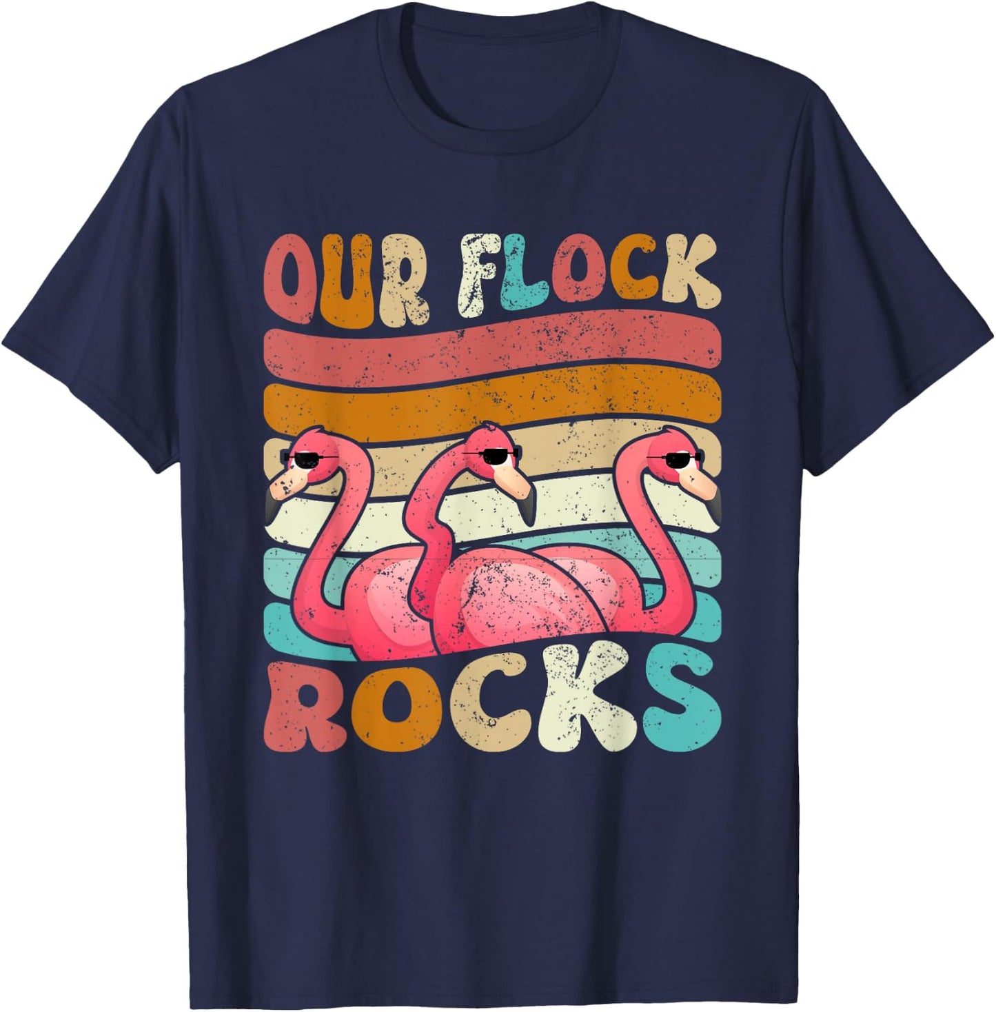 Our Flock Rocks Flamingo Matching Family Vacation T-Shirt - T-Shirt | Navy