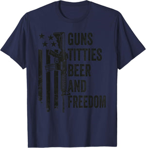 Guns Titties Beer & Freedom - Camo Guns Drinking USA T-Shirt - T-Shirt | Navy