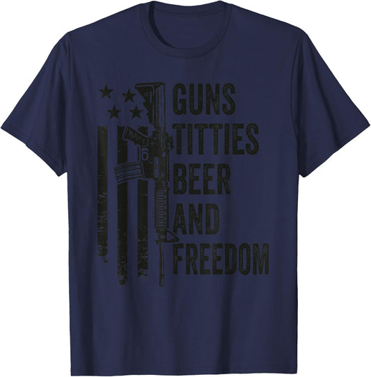 Guns Titties Beer & Freedom - Camo Guns Drinking USA T-Shirt - T-Shirt | Navy