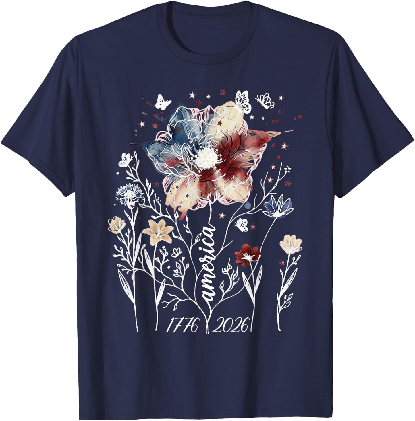 Vintage Americana Wildflower Floral 1776 2026 Patriotic T-Shirt - T-Shirt | Navy