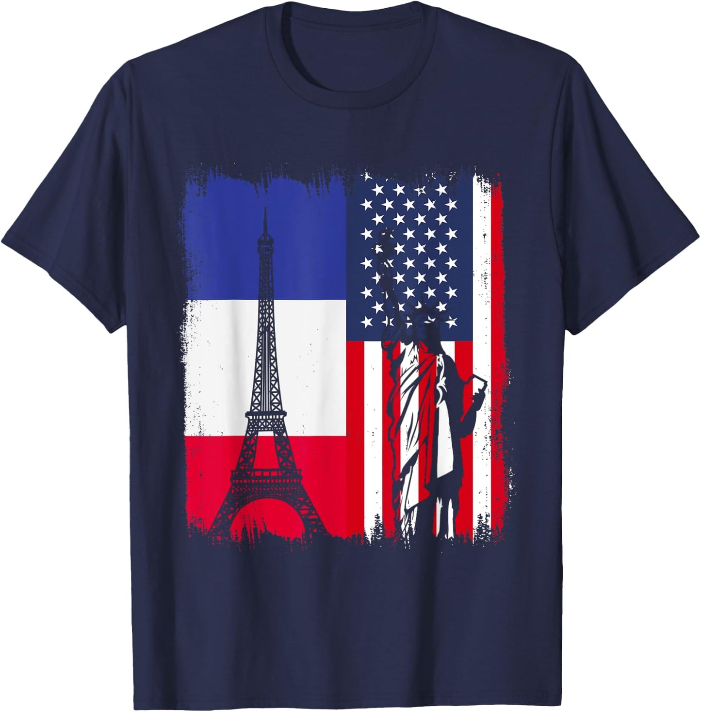 France Eiffel Tower Flag America Statue of Liberty , Black, S T-Shirt - T-Shirt | Navy
