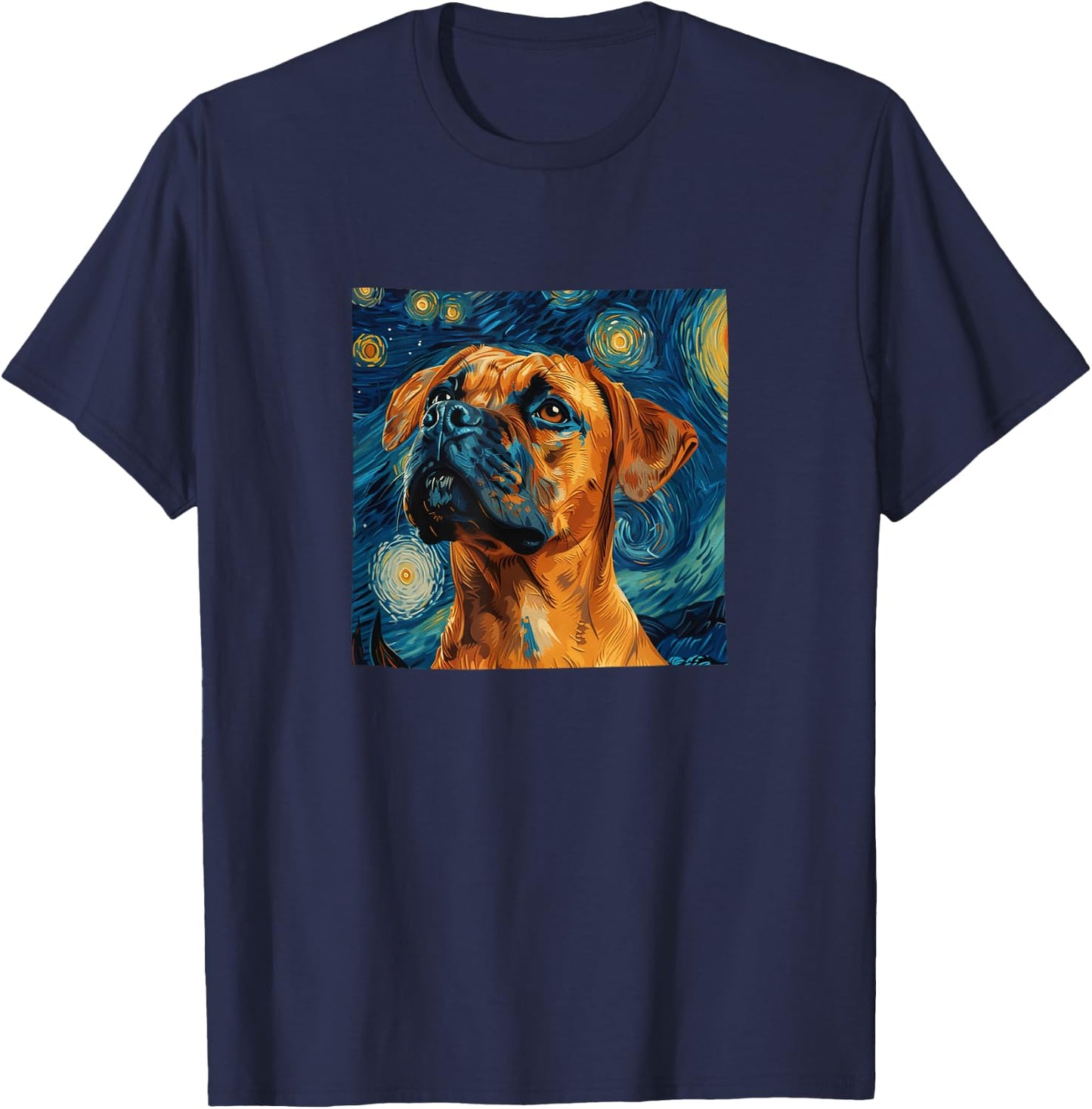 Boxer Dog Starry Night Van Gogh Style Graphic T-Shirt - T-Shirt | Navy