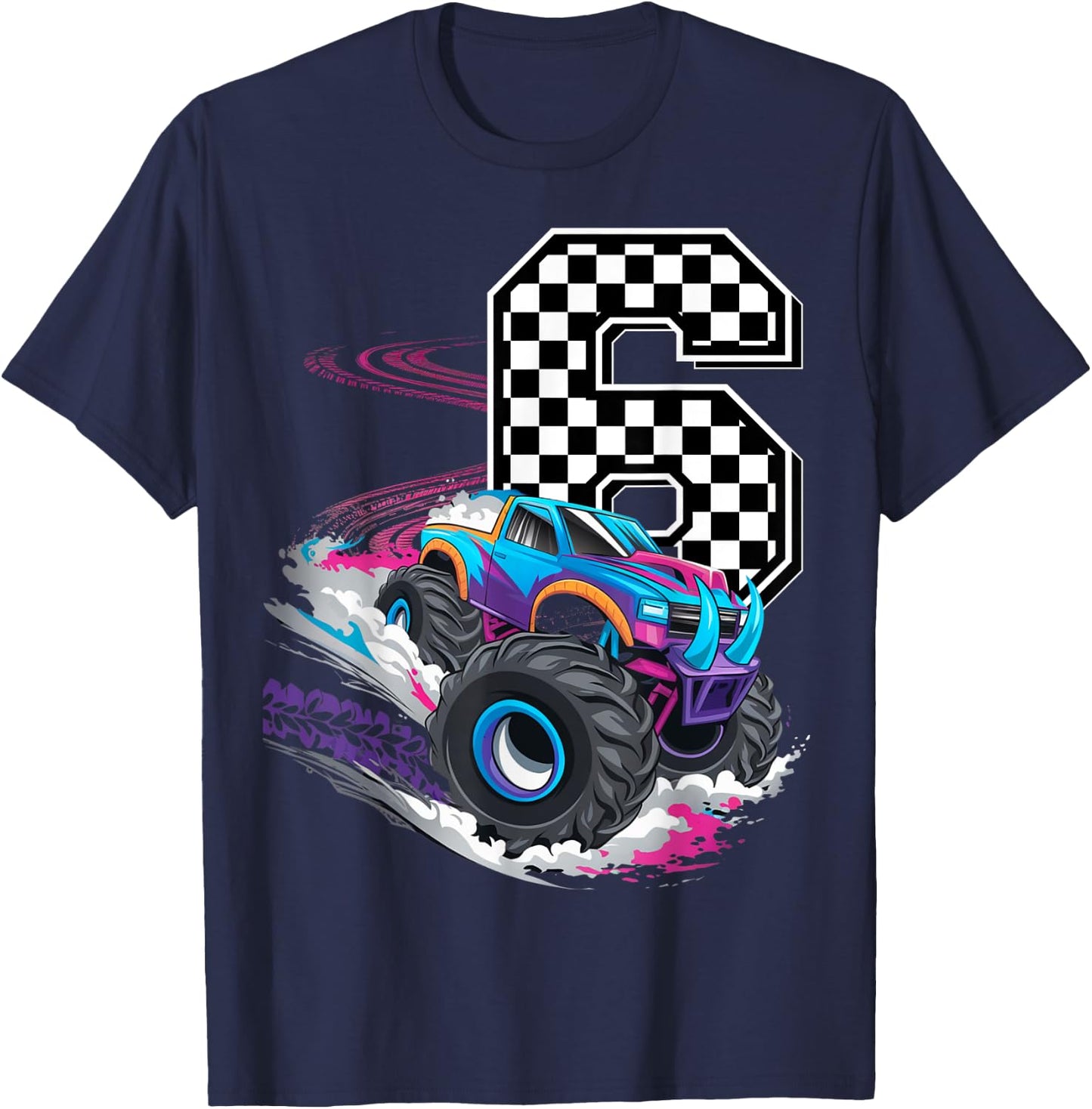 6th Birthday Monster Truck Boys 6 Six racing car flag Kids T-Shirt - T-Shirt | Navy