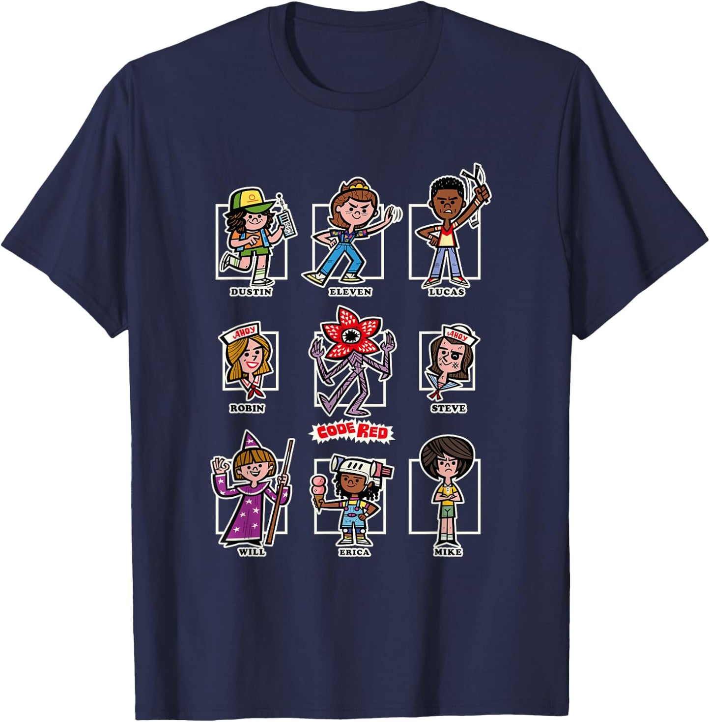 Stranger Things The Party Group Chibi Vintage Code Red Icons T-Shirt - T-Shirt | Navy