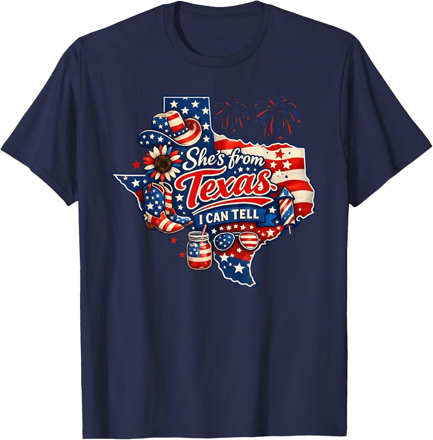 She's from Texas I Can Tell Patriotic Cowgirl Boot Hat Texas T-Shirt - T-Shirt | Navy