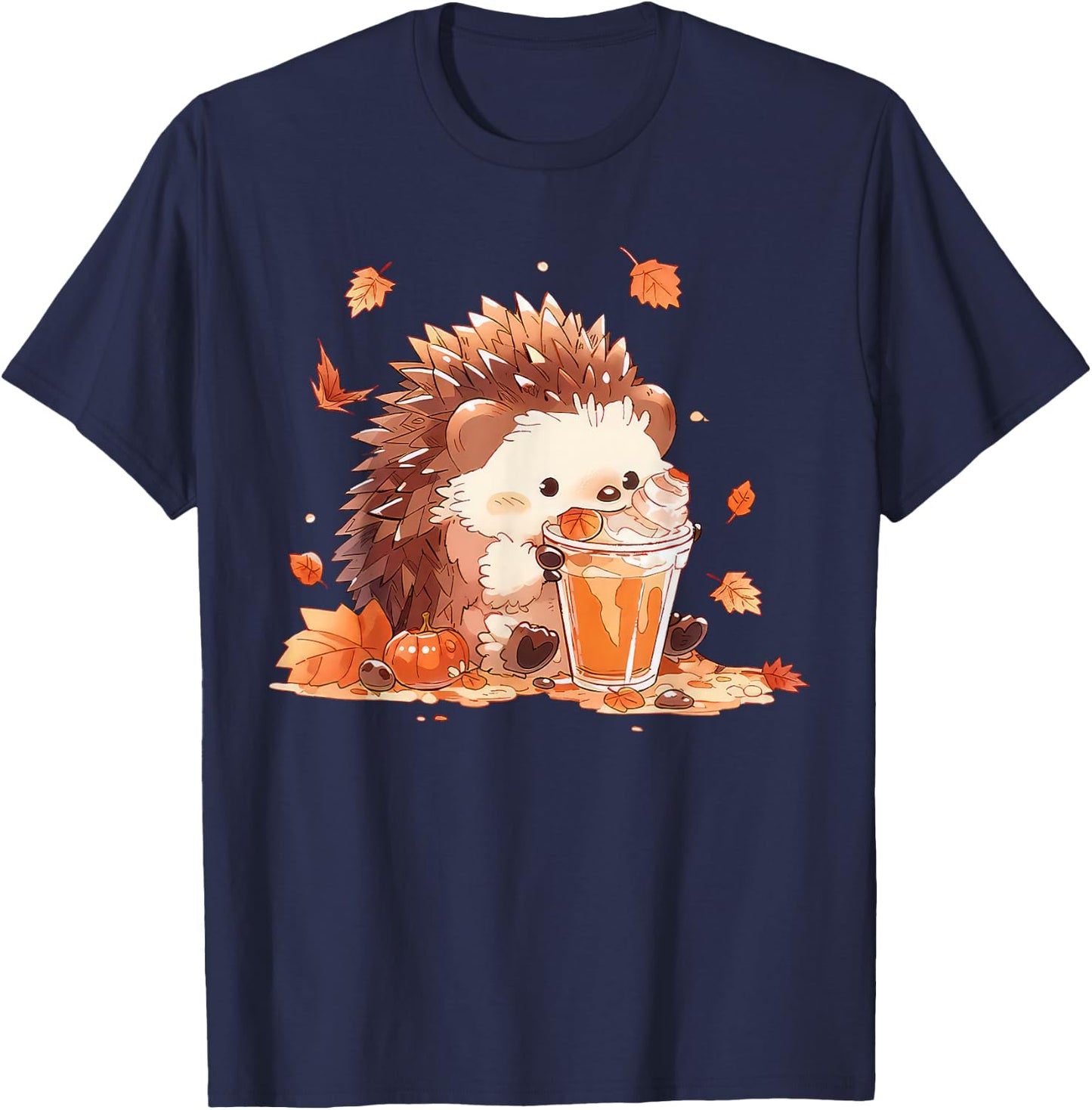Cute Hedgehog Drinking Coffee Latte Fall Autumn Thanksgiving T-Shirt - T-Shirt | Navy