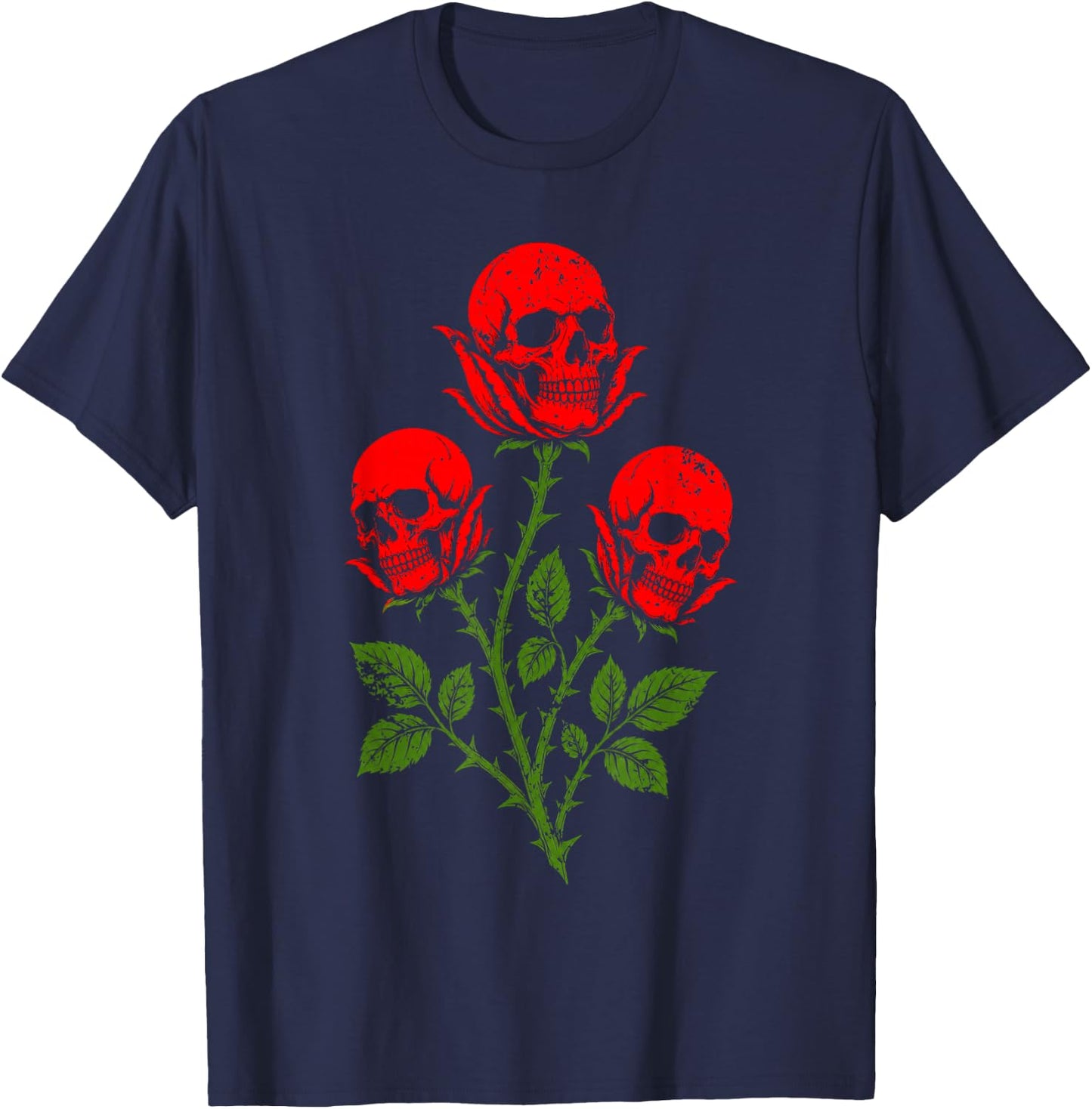 Dark Skull Red Roses Vintage Horror Grunge Aesthetic T-Shirt - T-Shirt | Navy