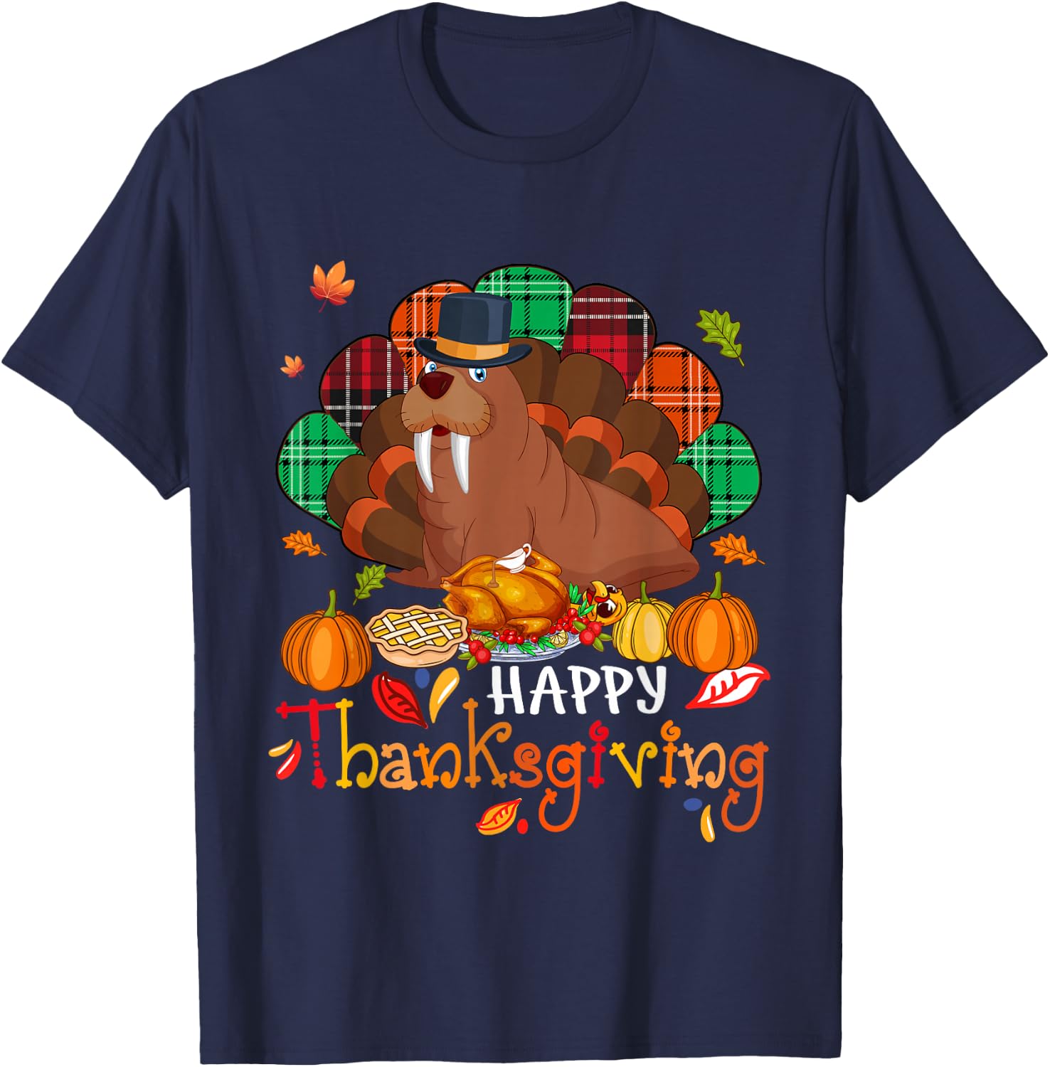 Happy Thanksgiving Cute Walrus Cosplay Turkey With Dinner T-Shirt - T-Shirt | Navy