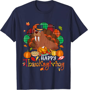 Happy Thanksgiving Cute Walrus Cosplay Turkey With Dinner T-Shirt - T-Shirt | Navy