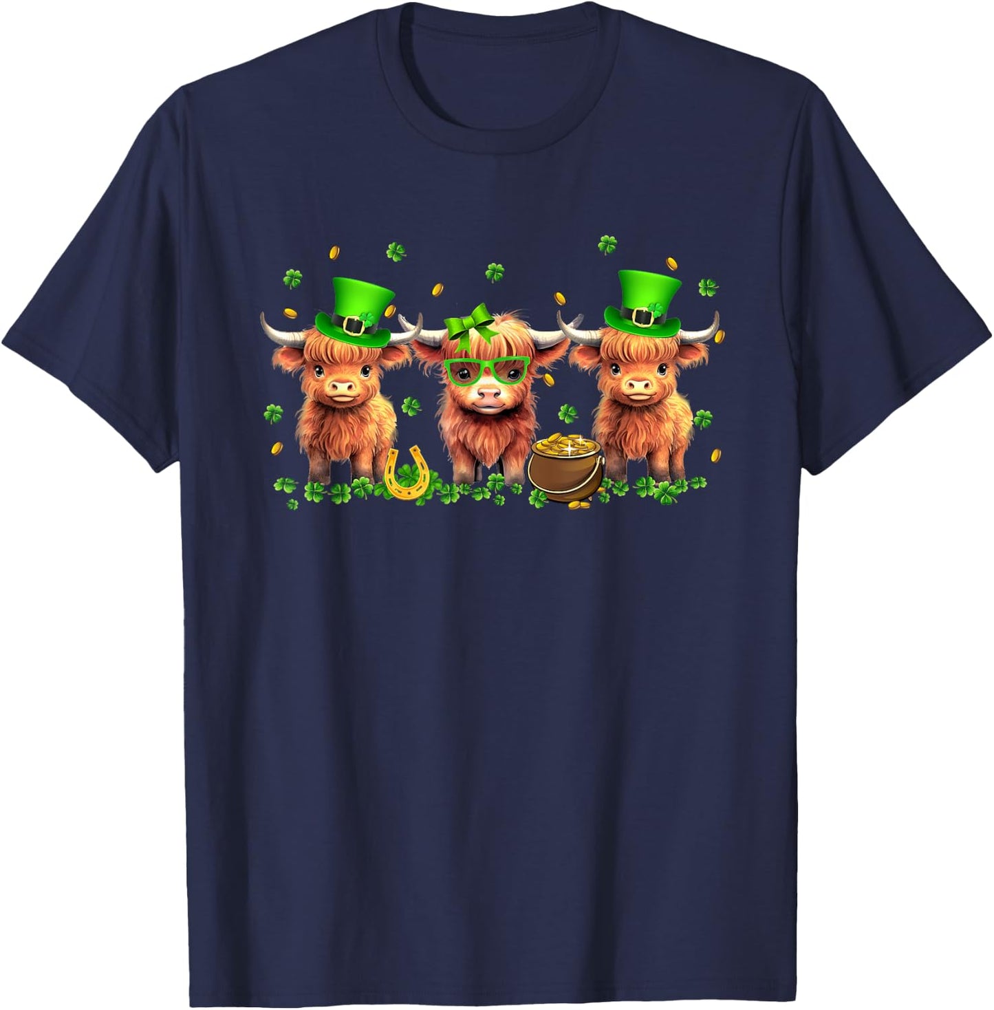Highland Cow Print St Patricks Day Shamrock Irish Holiday T-Shirt - T-Shirt | Navy