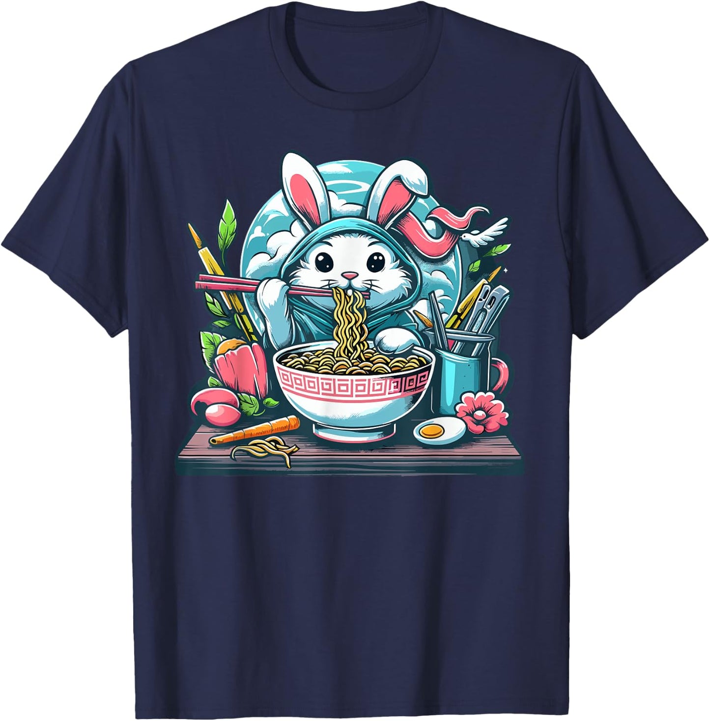 Easter Bunny Anime Eating Ramen Noodles Kawaii Rabbit T-Shirt - T-Shirt | Navy