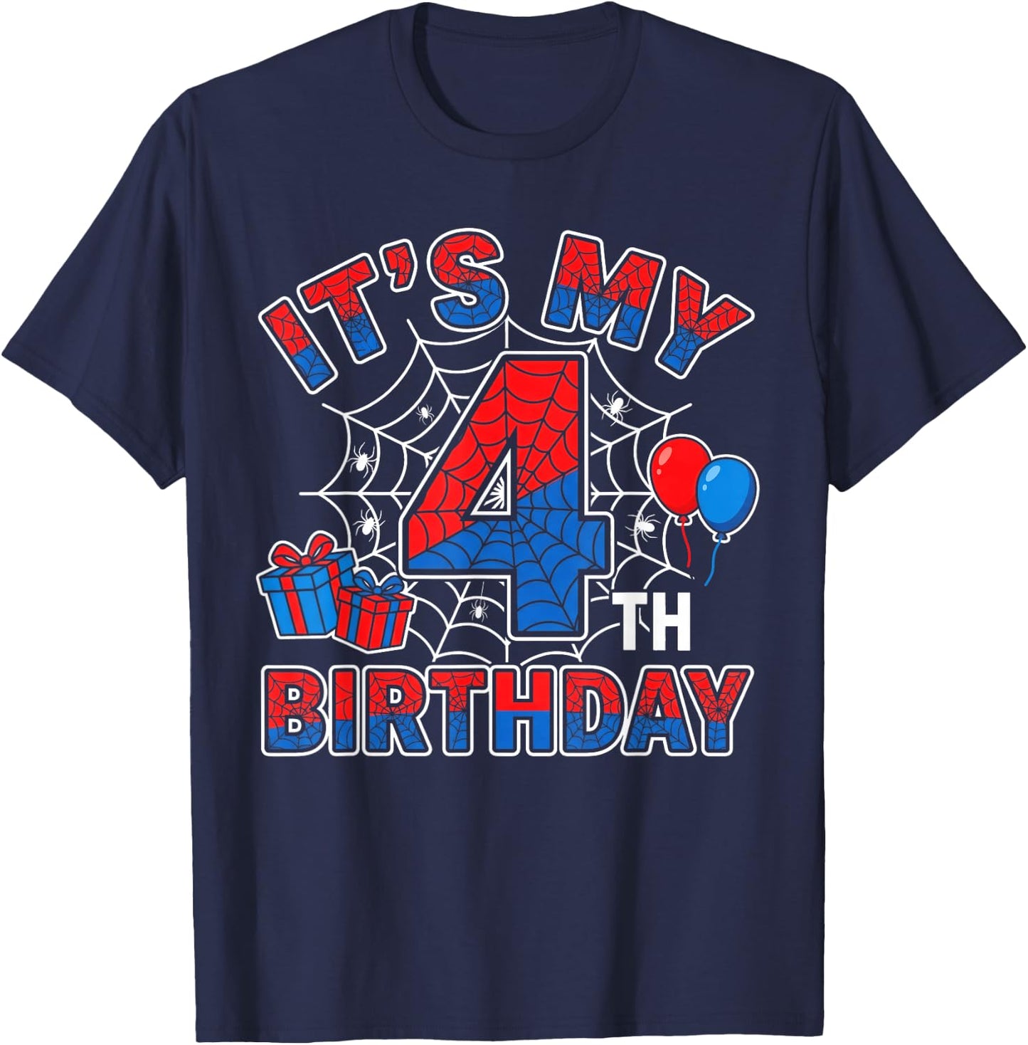 Its My 4th Birthday Boy 4 Year Old Spider Web Birthday Party T-Shirt - T-Shirt | Navy