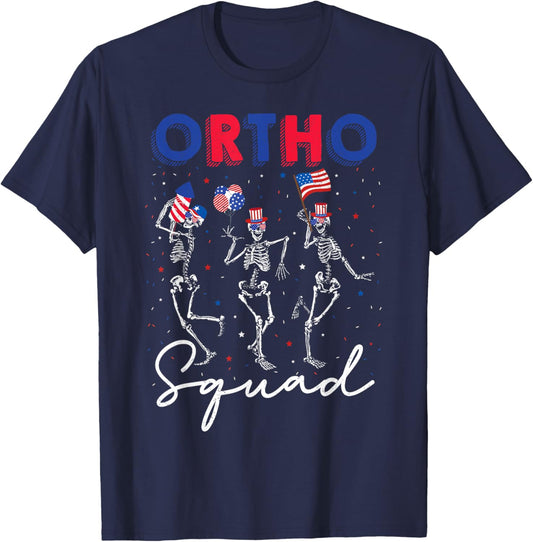 Ortho Squad 4th Of July USA Flag Skeleton Dancing Orthopedic Women Men T-Shirt - T-Shirt | Navy